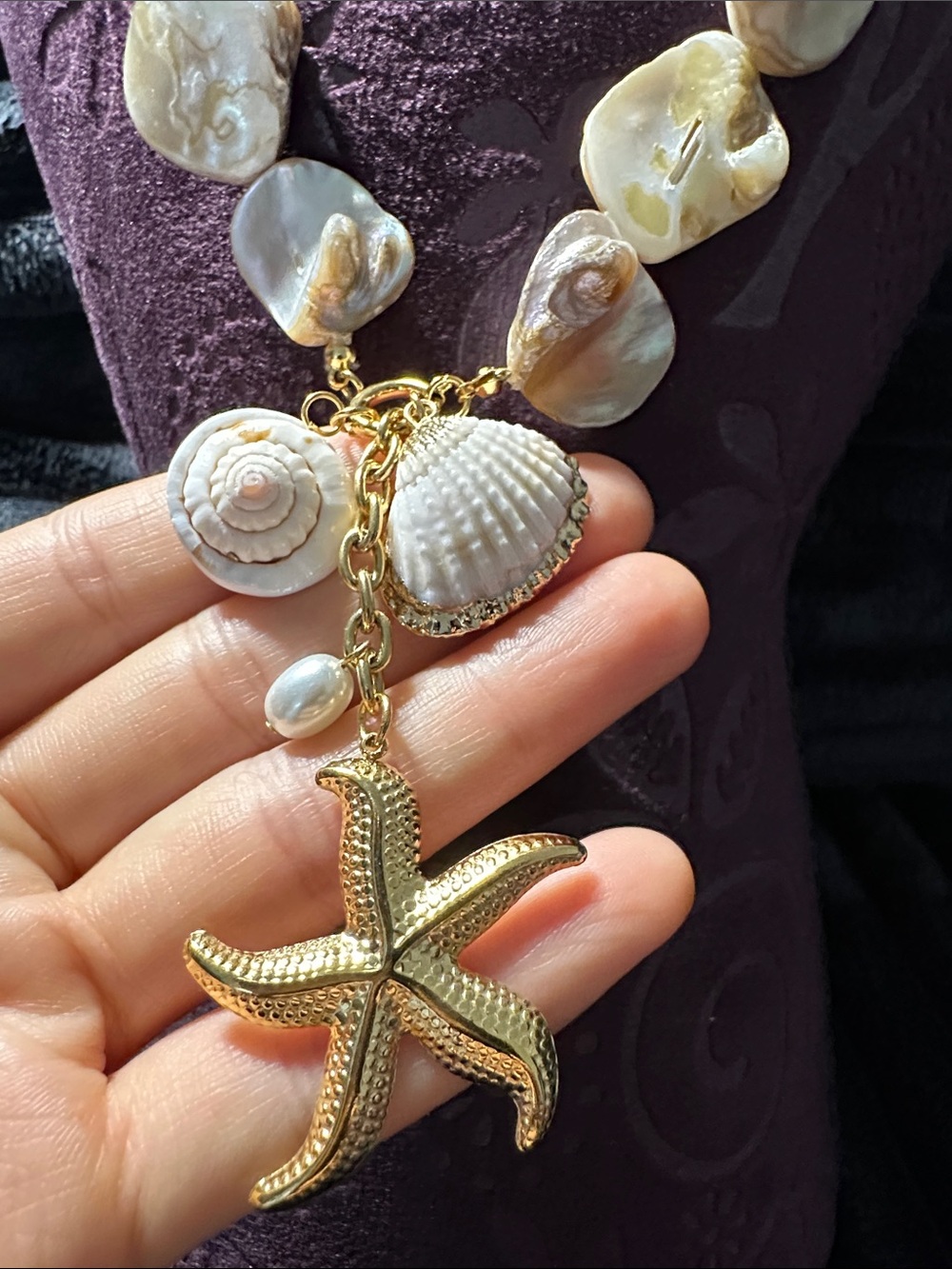 Kenneth Jay Lane Iridescent Shell Necklace with Gold Starfish Drop - Picture 2 of 5